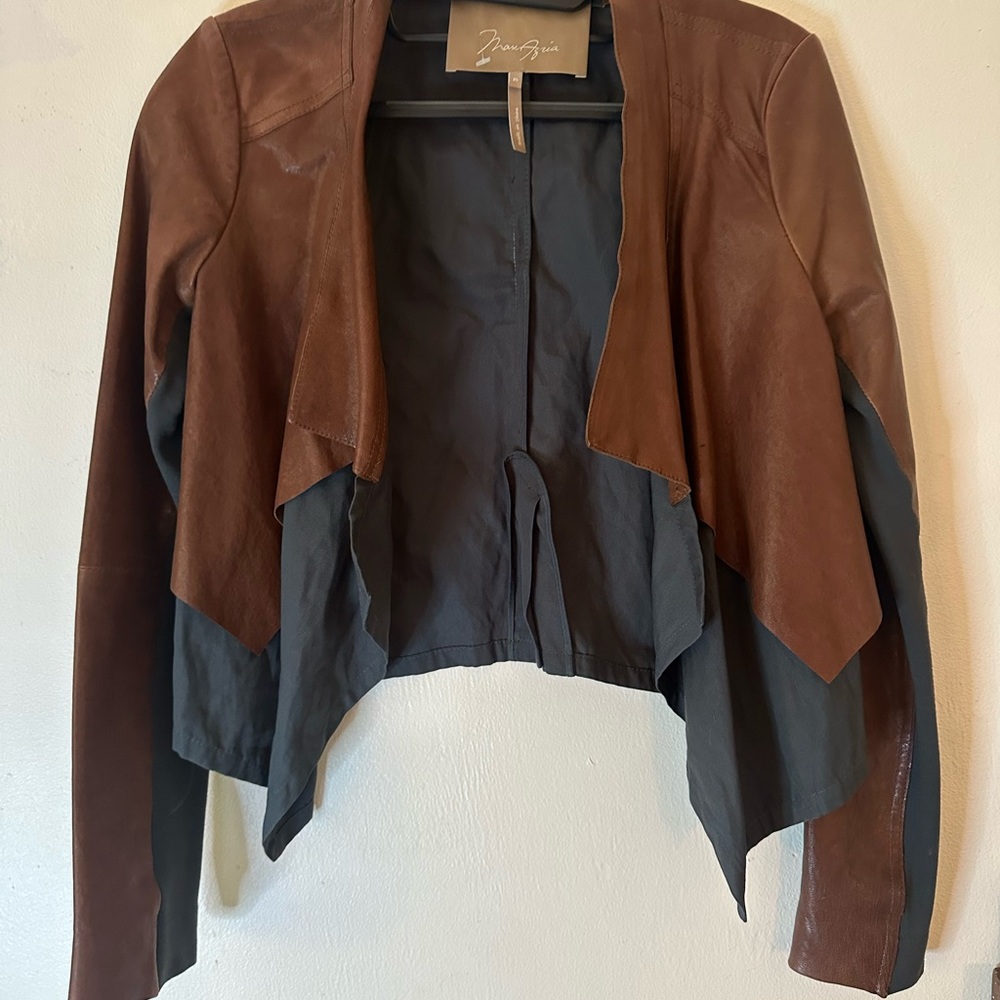 Max Azria Toffee & Charcoal Waterfall Lambskin Leather Cropped Jacket XS